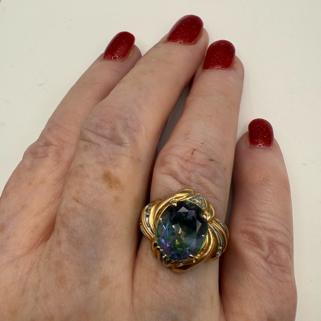 Beautiful 7mm Mystic Topaz Set In Solid 14k Yellow Gold Ring W Diamonds!